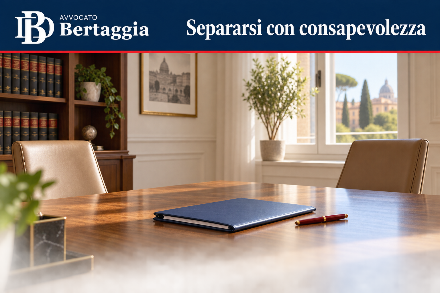 Sala di consultazione con due sedute, logo Avvocato Bertaggia e frase Separarsi con consapevolezza