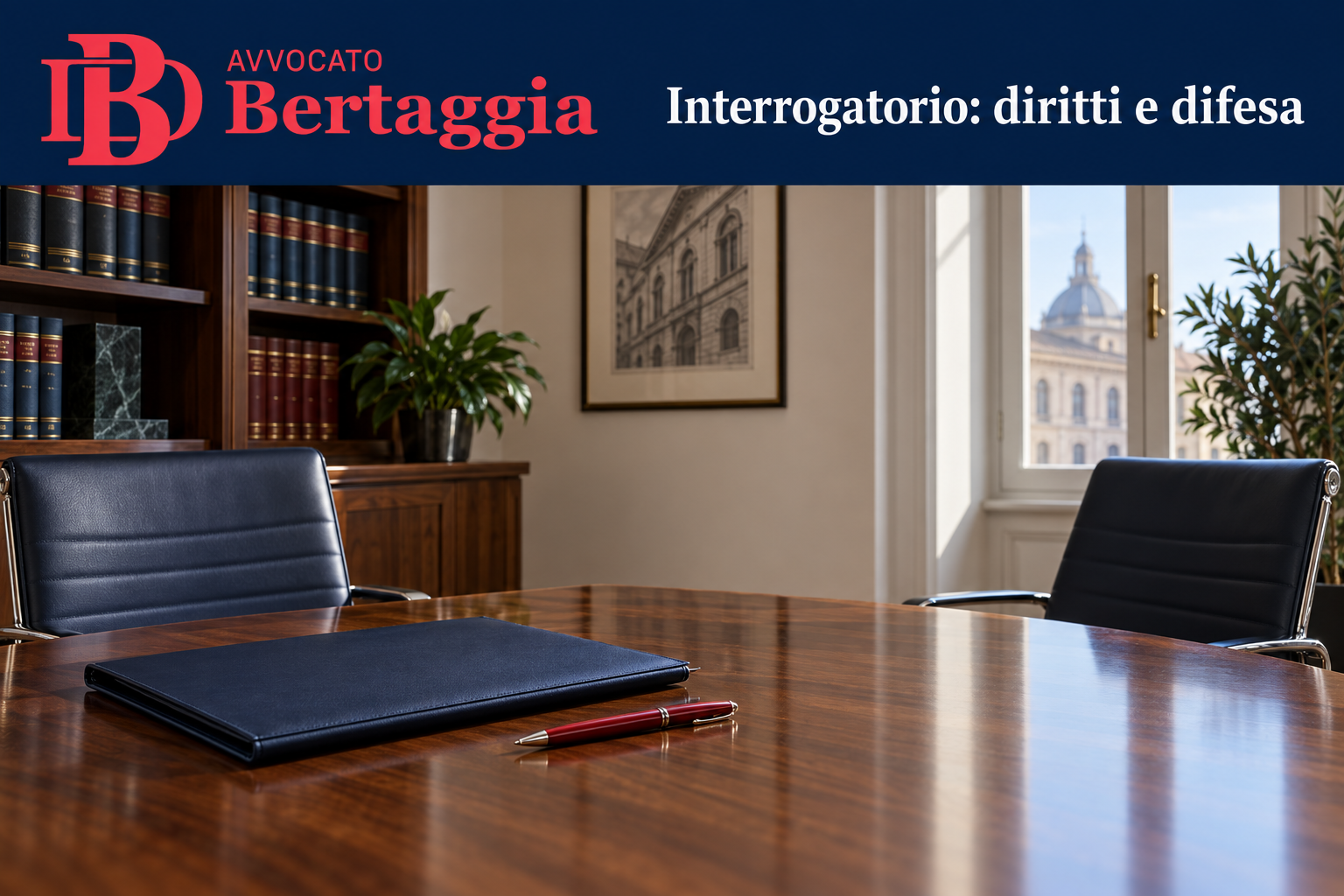 Sala di consultazione legale con logo rosso Avvocato Bertaggia e frase Interrogatorio: diritti e difesa