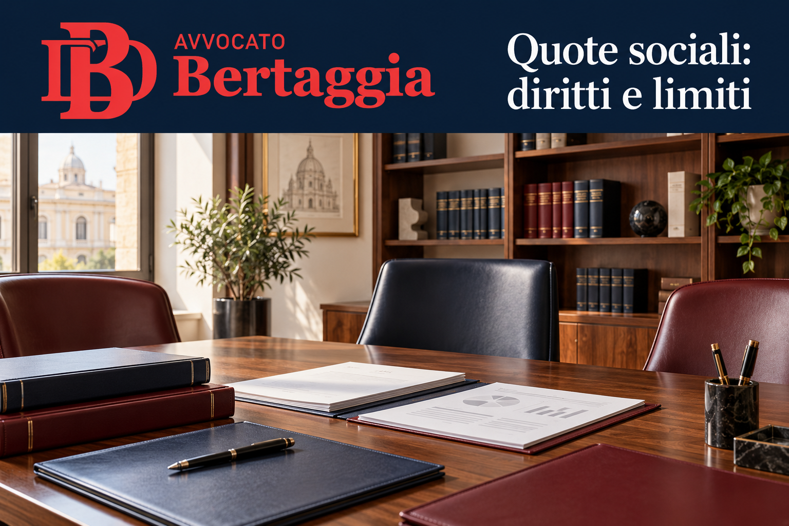 Documenti societari su un tavolo professionale, con logo rosso Avvocato Bertaggia e frase Quote sociali: diritti e limiti