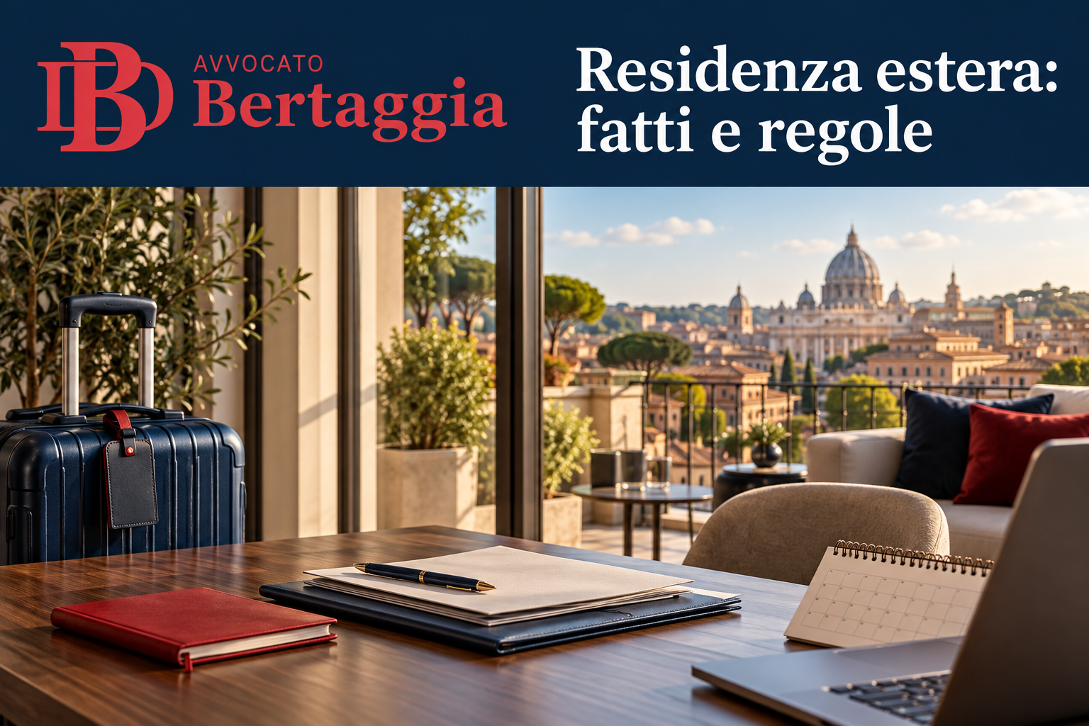 Preparativi di trasferimento con valigia e documenti, logo rosso Avvocato Bertaggia e frase Residenza estera: fatti e regole