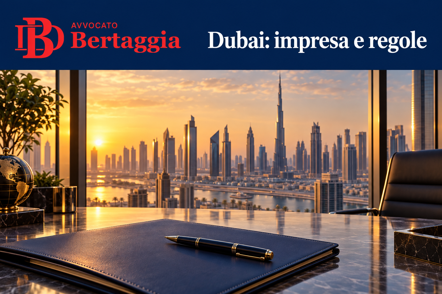 Dubai al tramonto da un ufficio, con logo rosso Avvocato Bertaggia e frase Dubai: impresa e regole