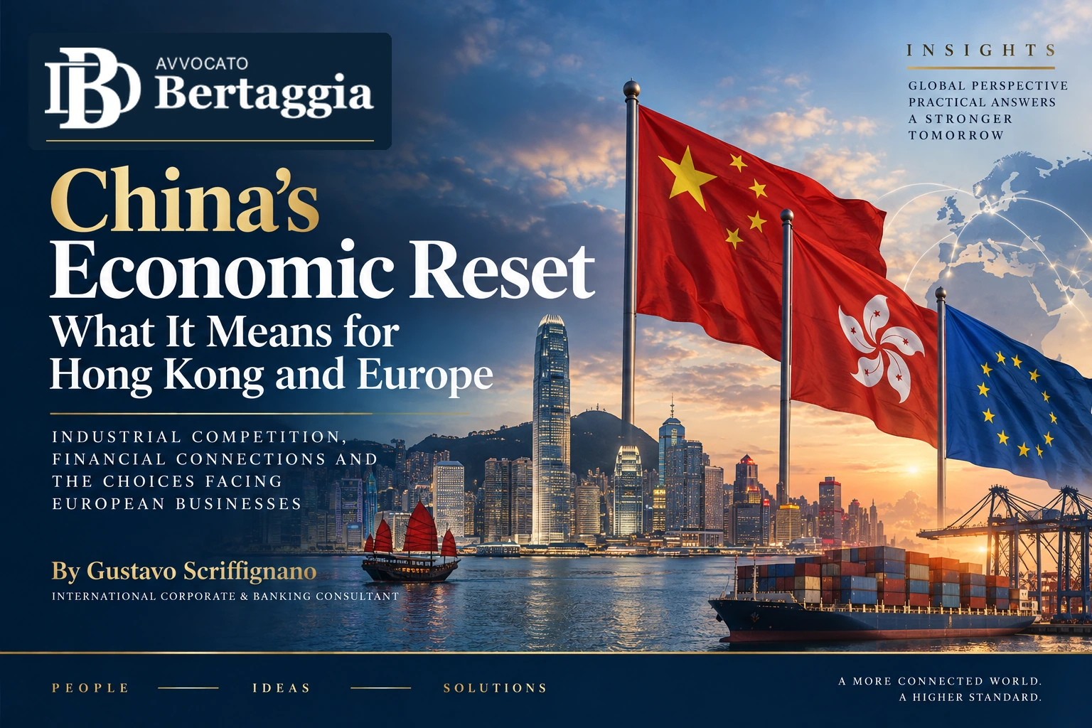 Hong Kong harbour with the flags of China, Hong Kong and the European Union, the Avvocato Bertaggia logo and Gustavo Scriffignano’s name.