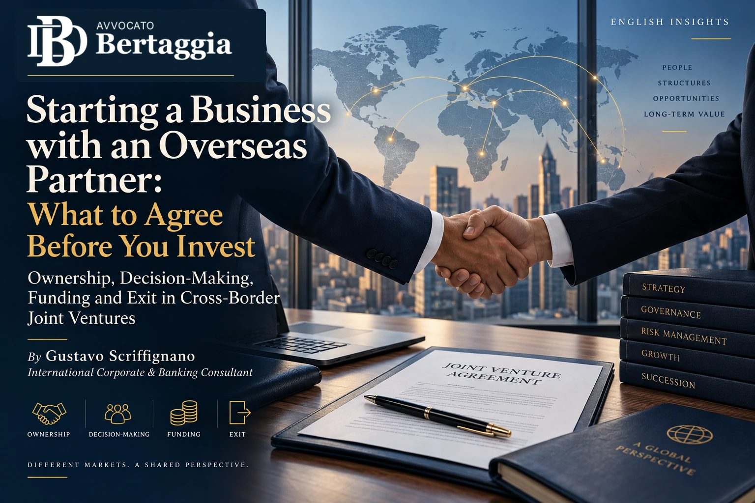 Overseas business partners shaking hands over a joint-venture agreement, with the Bertaggia logo and Gustavo Scriffignano’s name