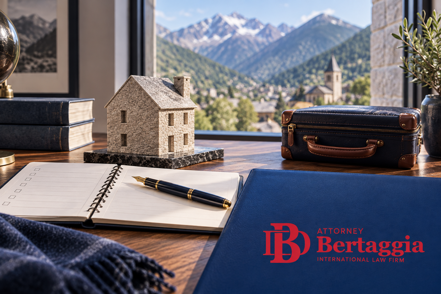 Andorra taxation and relocation planning: house model, legal folder and Pyrenean view with the Bertaggia logo