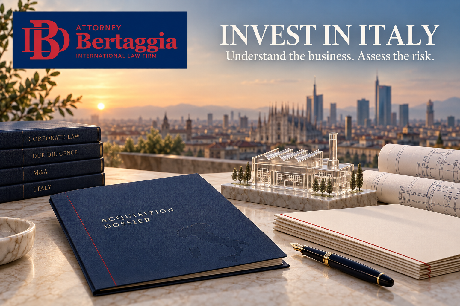 Buying an Italian company — acquisition dossier, Milan skyline and the Bertaggia International Law Firm logo