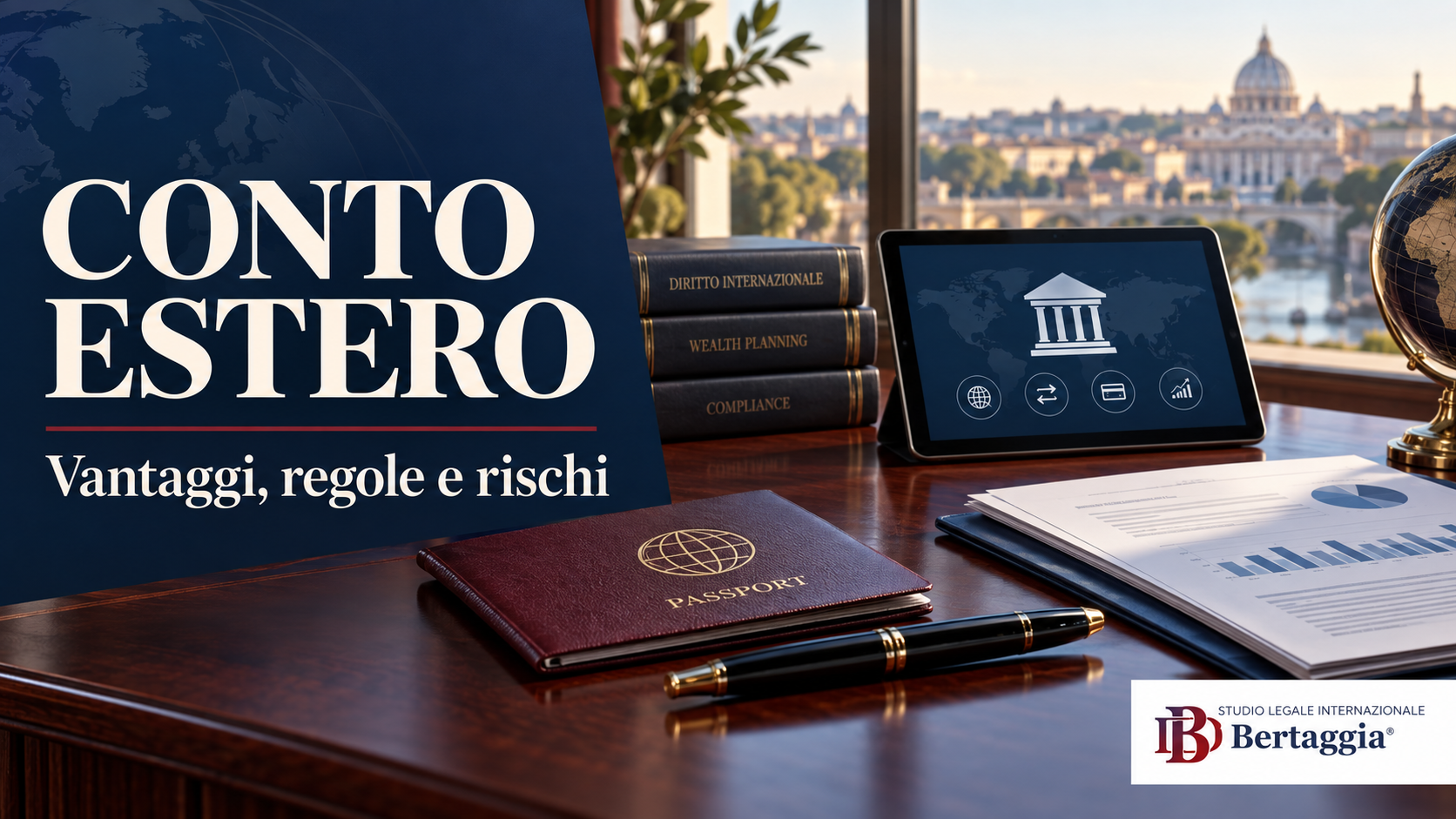 Conto estero: vantaggi, regole e rischi, con documenti bancari e logo Studio Bertaggia