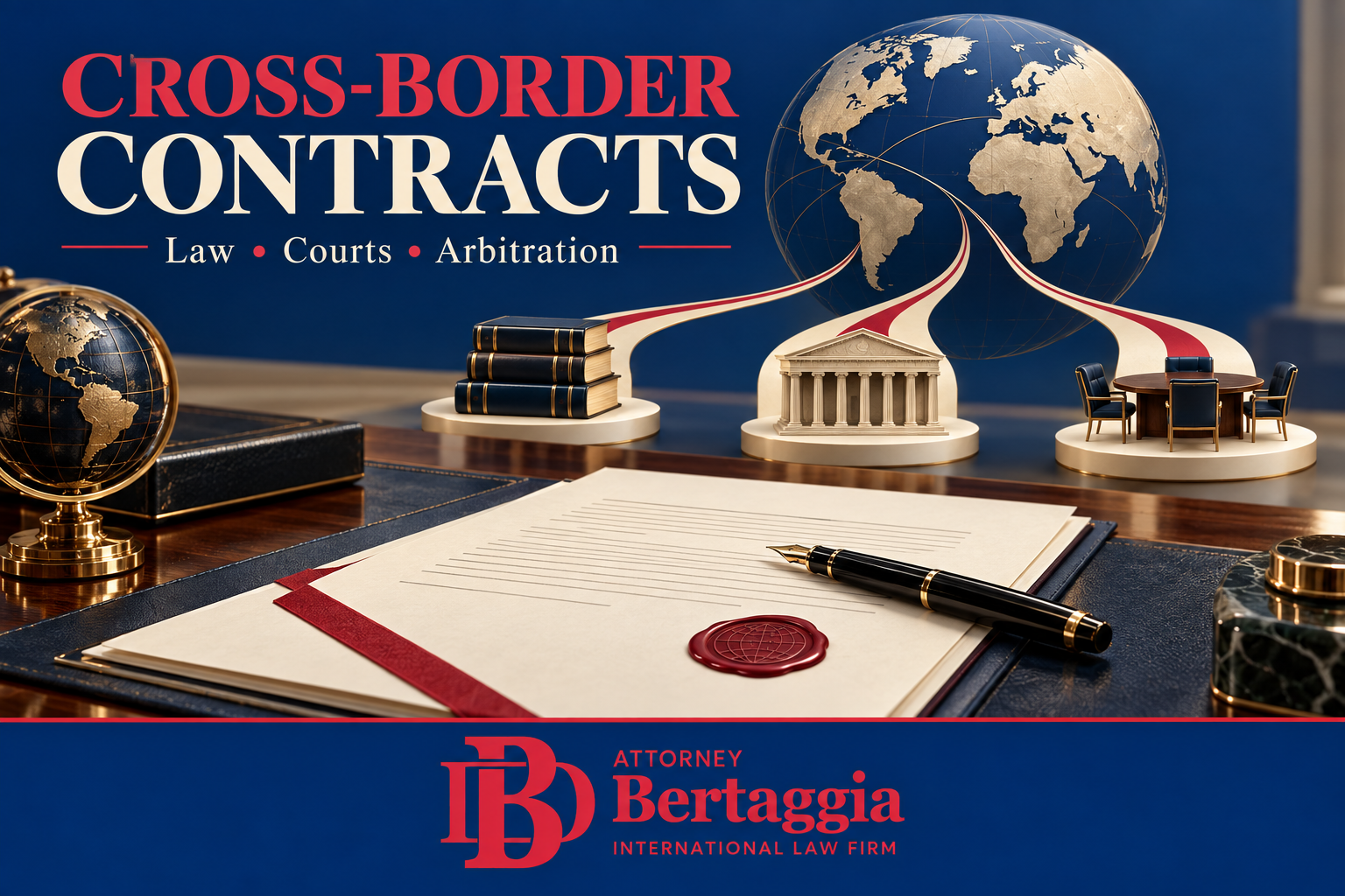Cross-border contracts illustrated by a globe, law books, courthouse and arbitration table, with the Bertaggia English logo