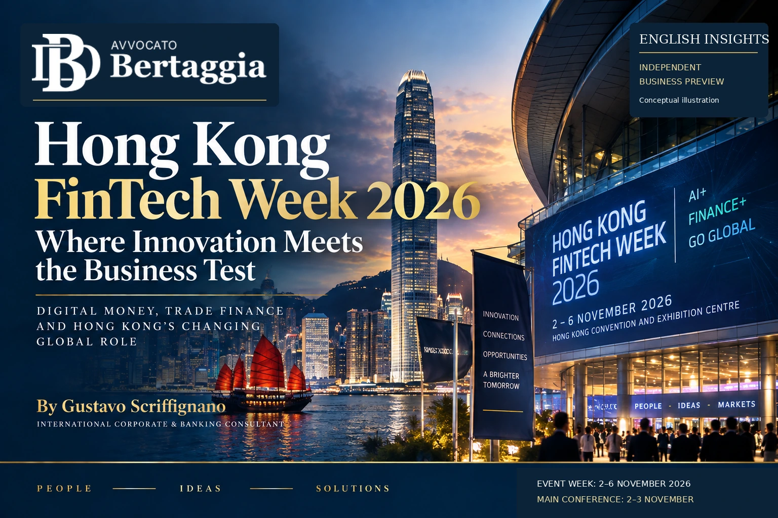 Independent preview of Hong Kong FinTech Week 2026, with a Hong Kong harbour illustration, the Avvocato Bertaggia logo and Gustavo Scriffignano’s name.