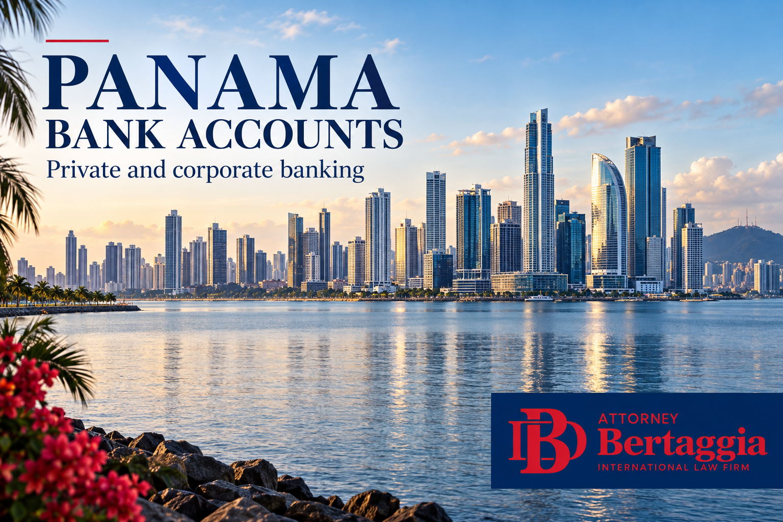 Panama bank accounts: illustrated Panama City waterfront with Bertaggia International Law Firm logo