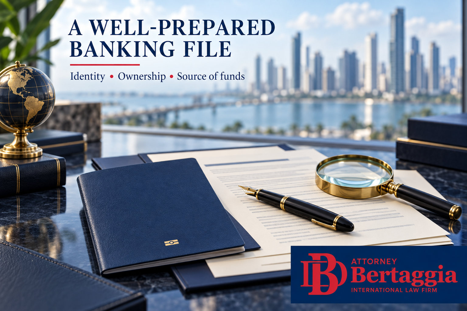 Panama bank accounts documentation: passport, corporate papers and source-of-funds review with Bertaggia logo