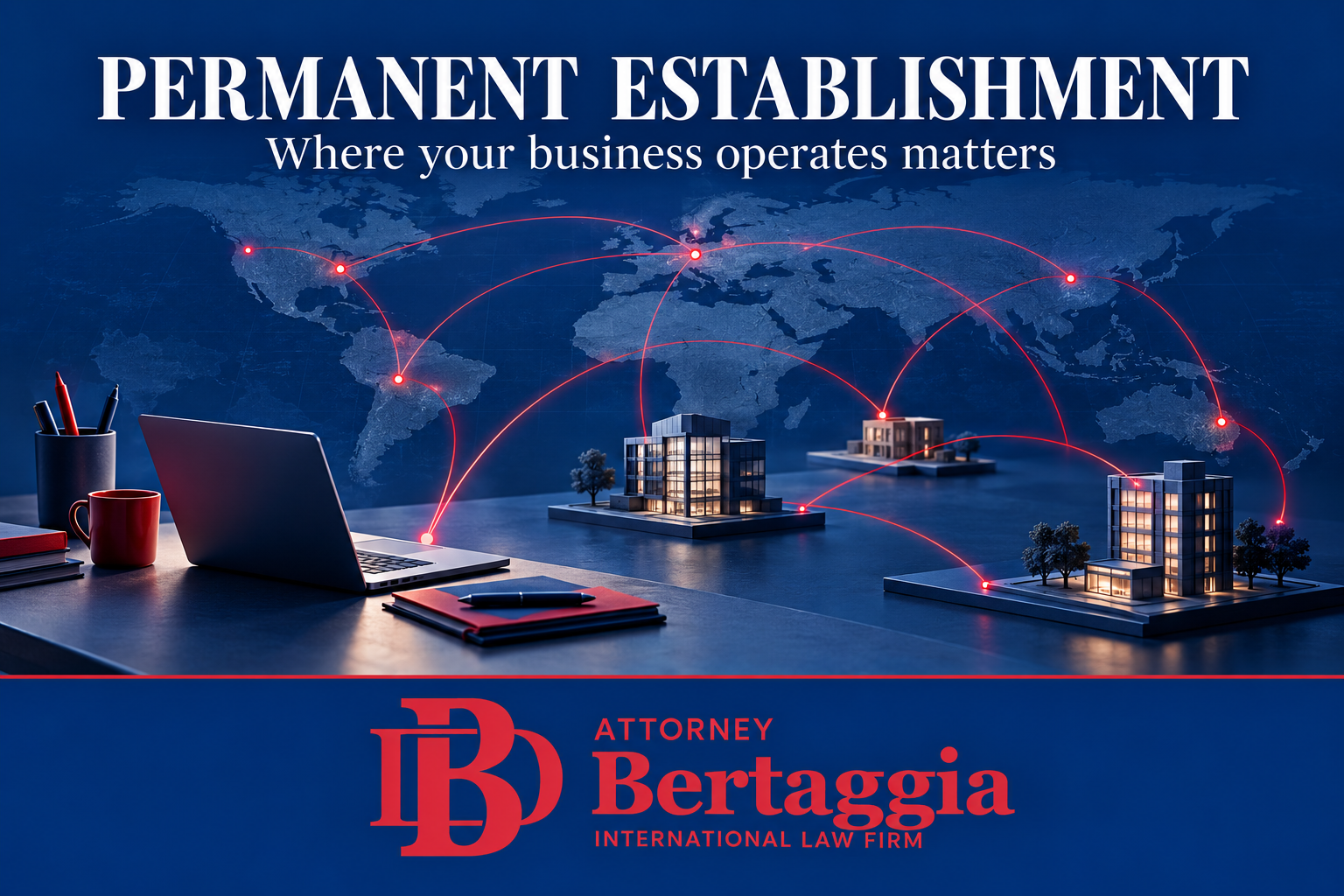 Conceptual permanent establishment illustration showing remote work and offices across borders with the Bertaggia logo