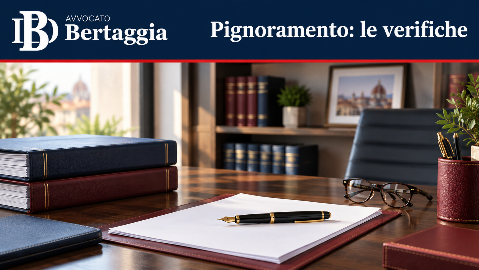 Fascicolo legale con logo Avvocato Bertaggia e frase Pignoramento: le verifiche