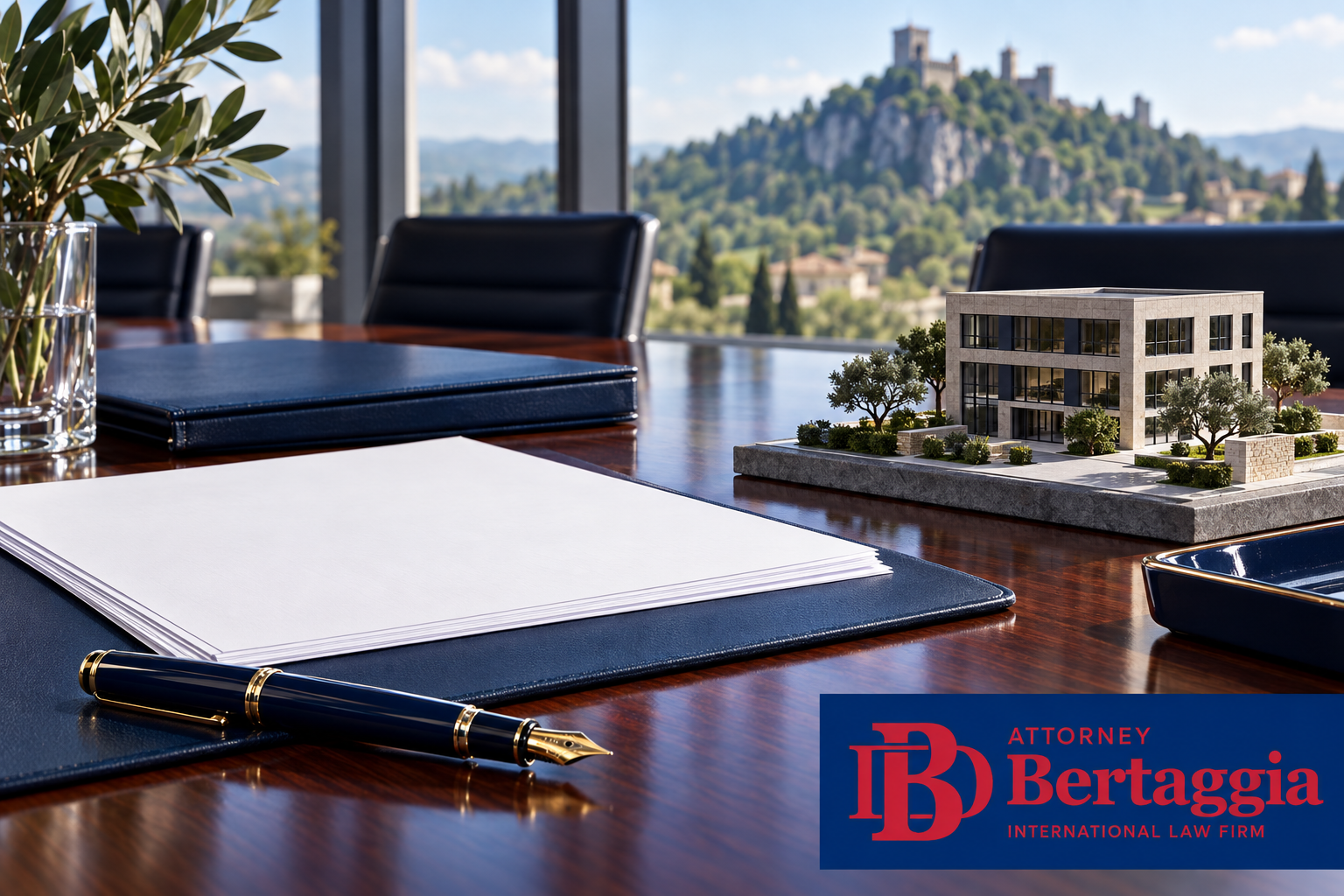 Company formation documents and an office model illustrating business substance in San Marino, with the Bertaggia logo