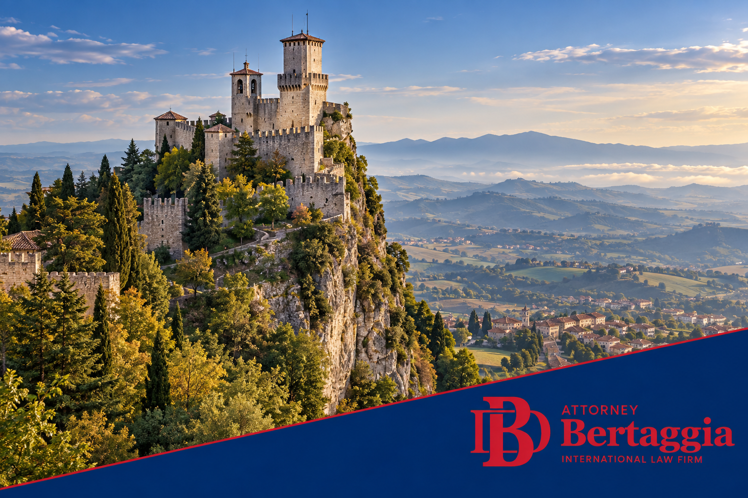 San Marino company formation: editorial illustration of the Guaita fortress and Monte Titano with the Bertaggia English logo