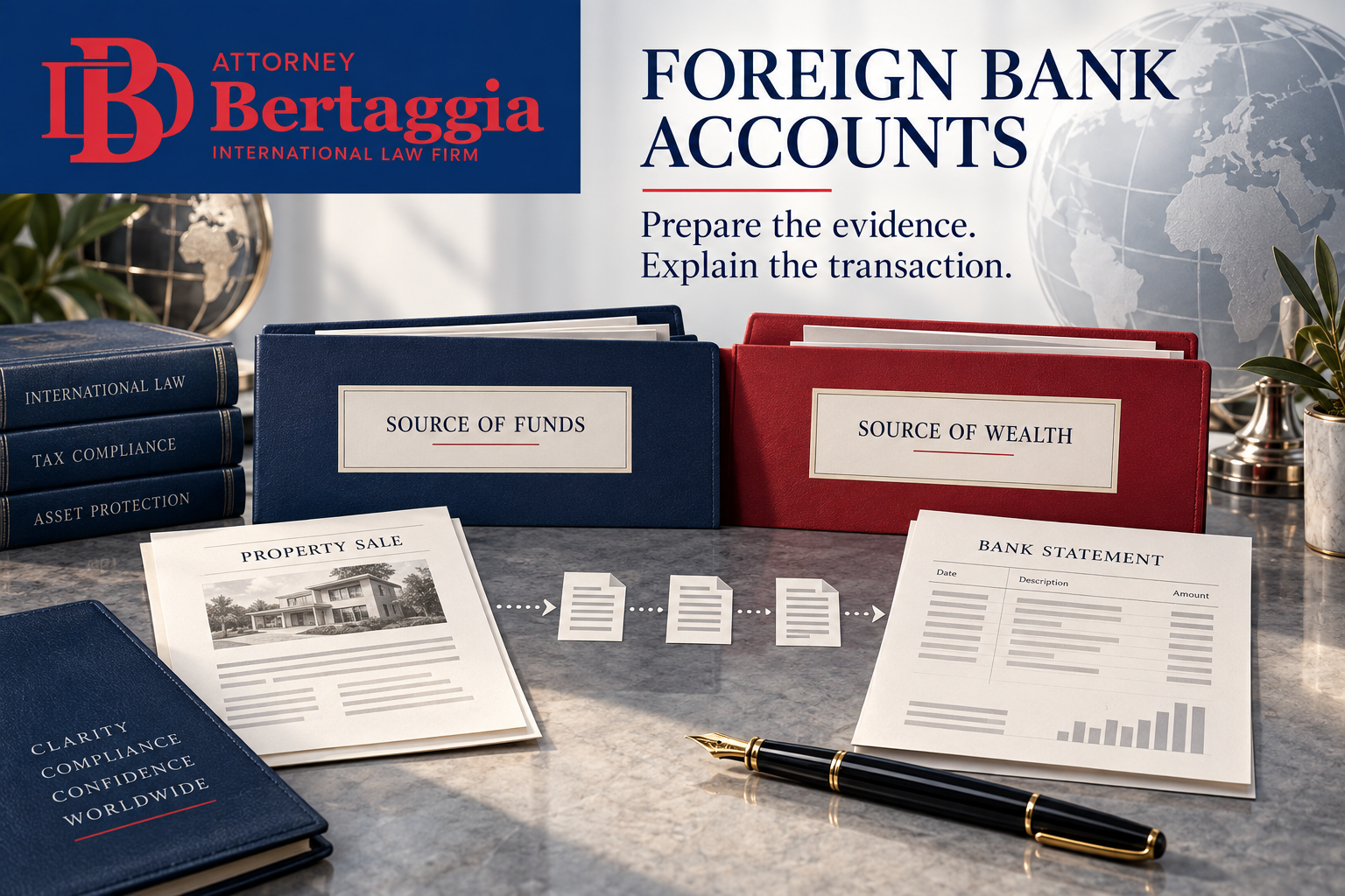 Source of funds and source of wealth folders with a property-sale document trail and Bertaggia English logo