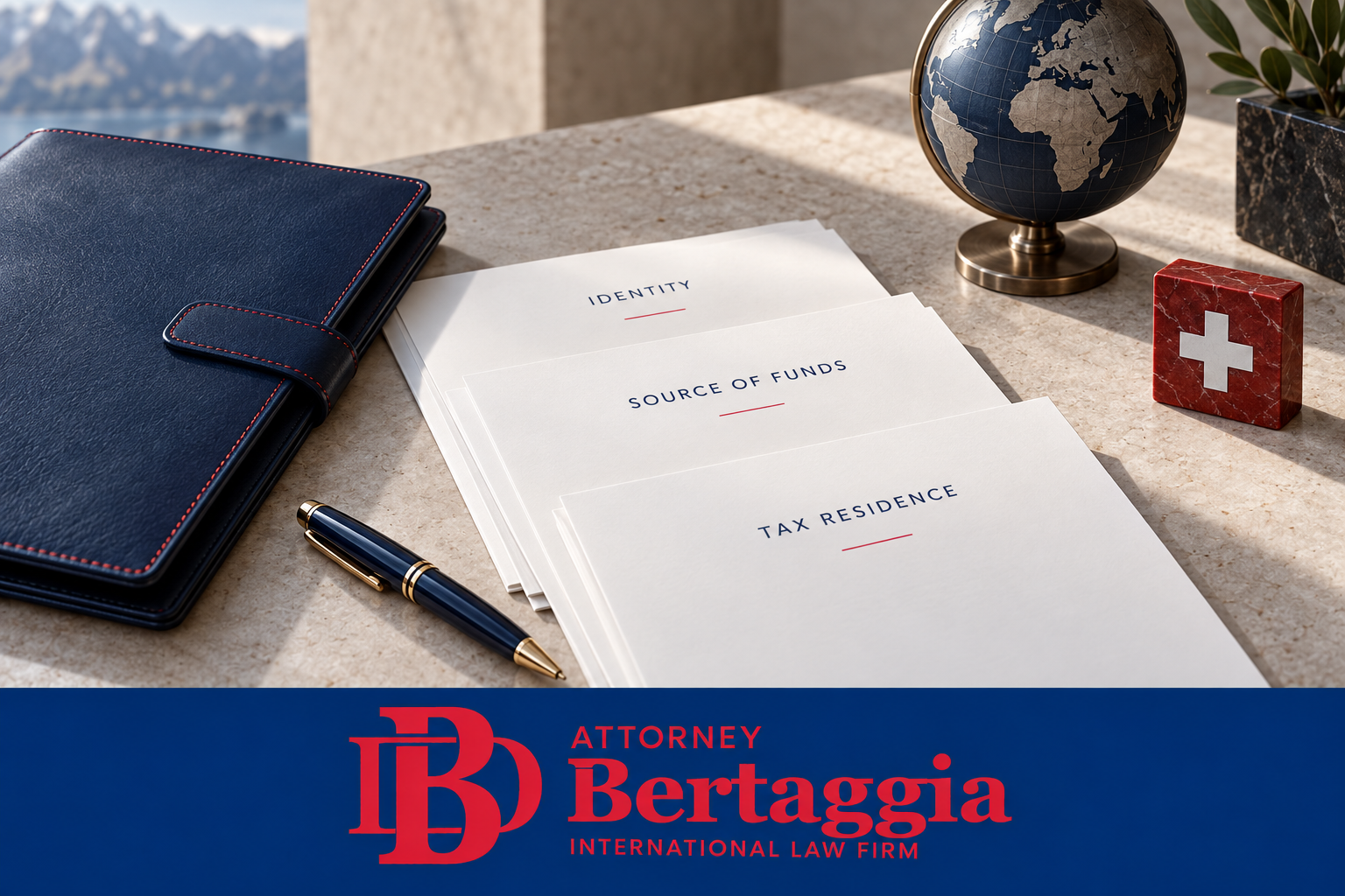 Swiss bank account preparation: identity, source of funds and tax residence documents with the Bertaggia logo