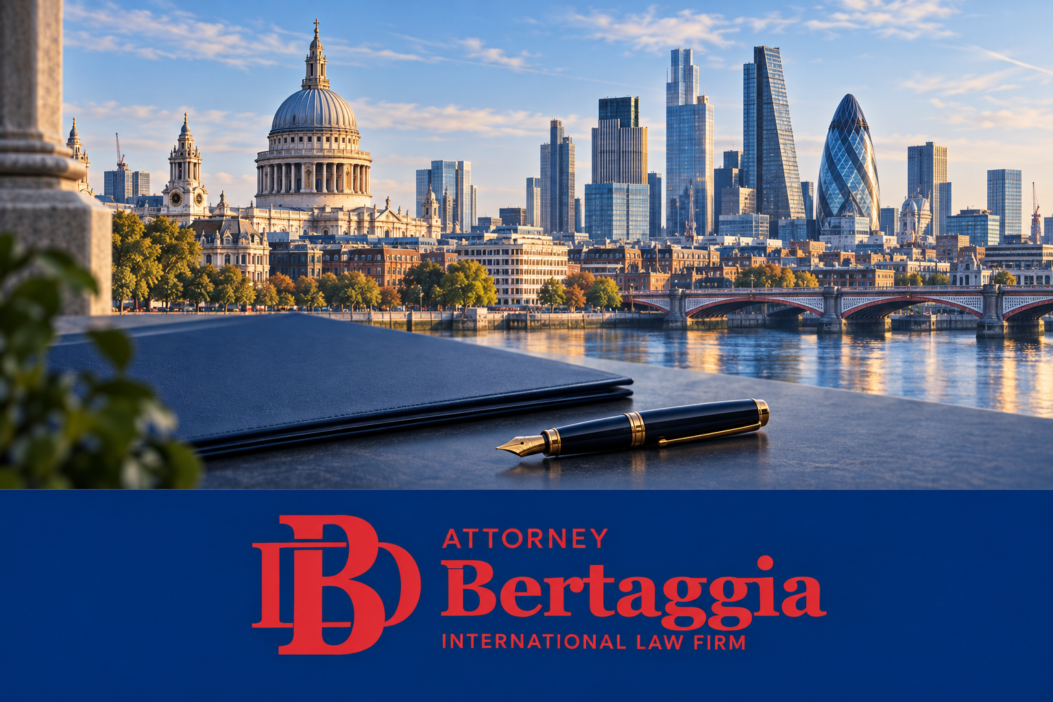 UK company formation: London skyline, document folder and pen with the Bertaggia International Law Firm English logo