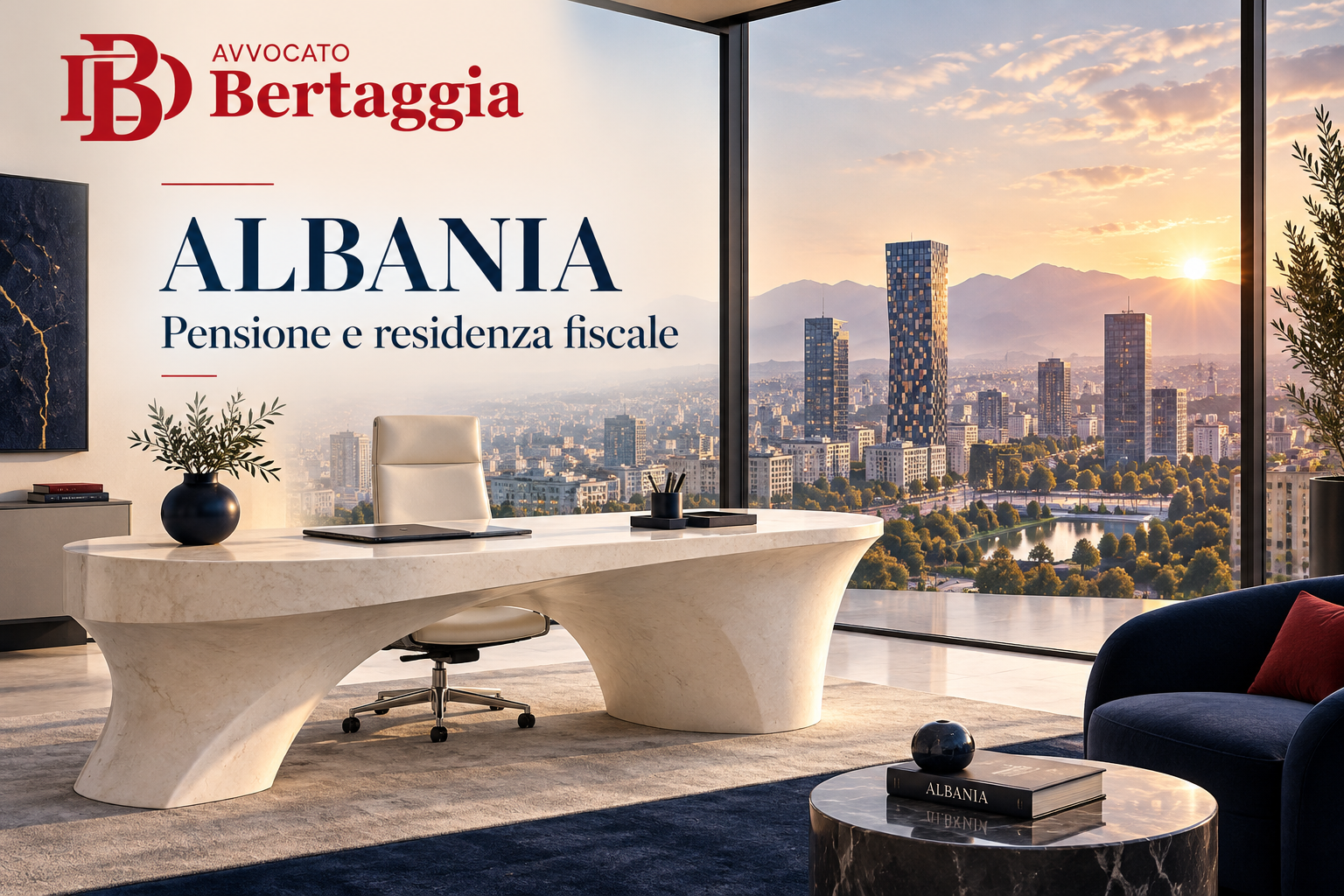 Albania, pensione e residenza fiscale: skyline contemporaneo e studio con logo rosso Avvocato Bertaggia