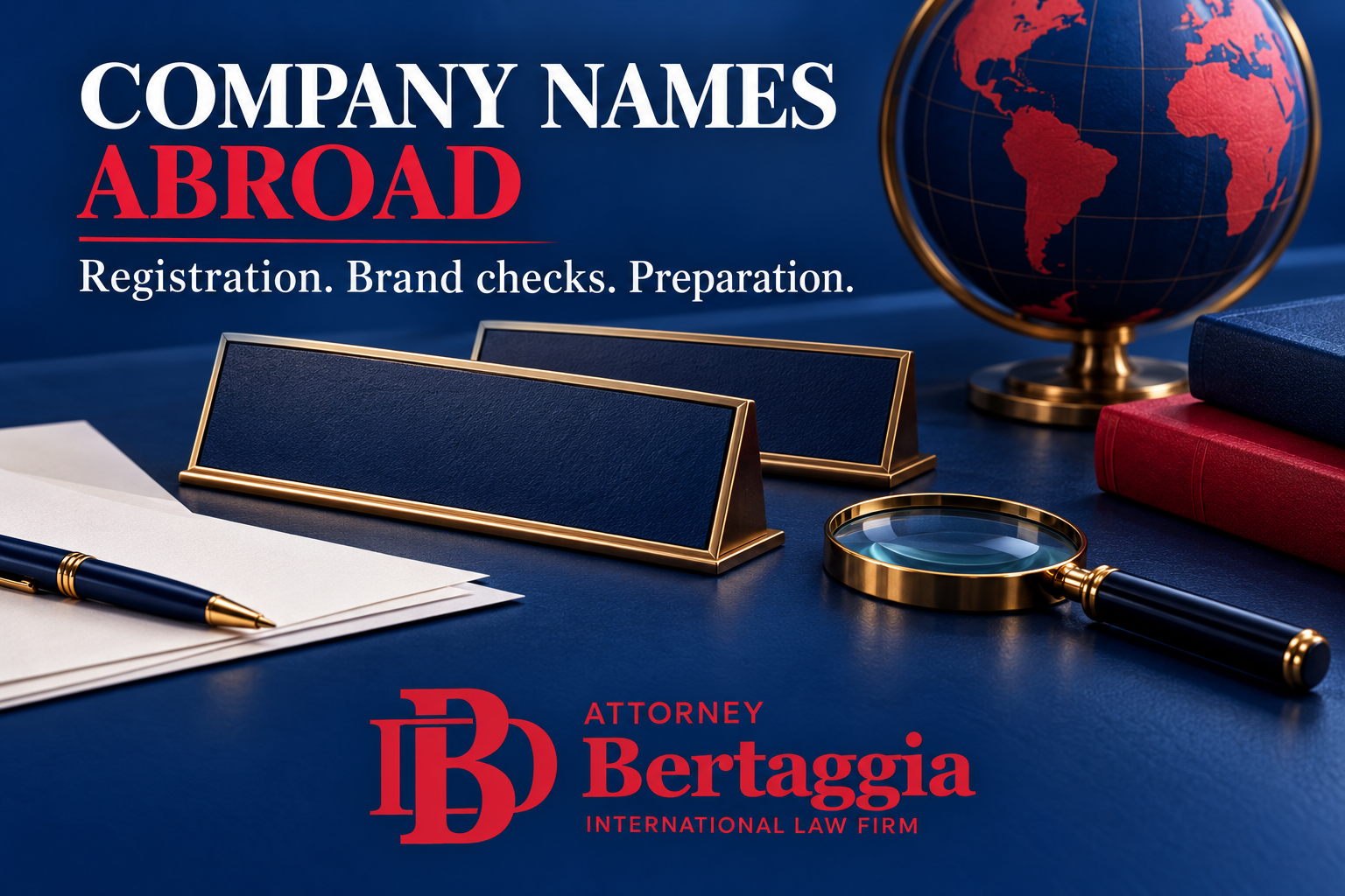 Foreign company name checks illustrated by blank nameplates, a globe and the English Bertaggia logo