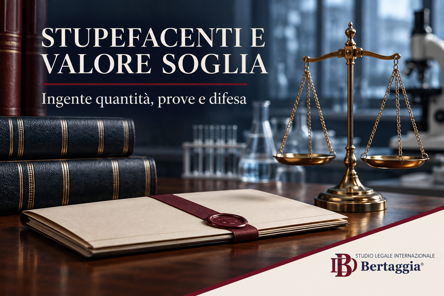 Stupefacenti e valore soglia: bilancia della giustizia, documenti e logo Studio Bertaggia