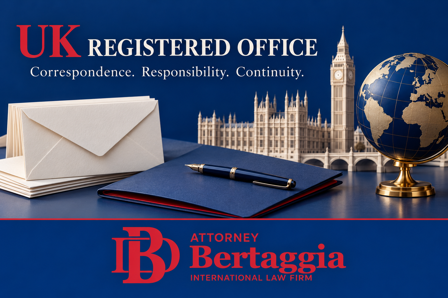UK registered office correspondence, envelopes and globe with the English Bertaggia logo